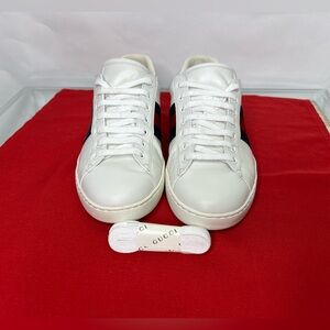 Gucci Ace White Red Blue Stripe Sneakers with Extra Laces Accents